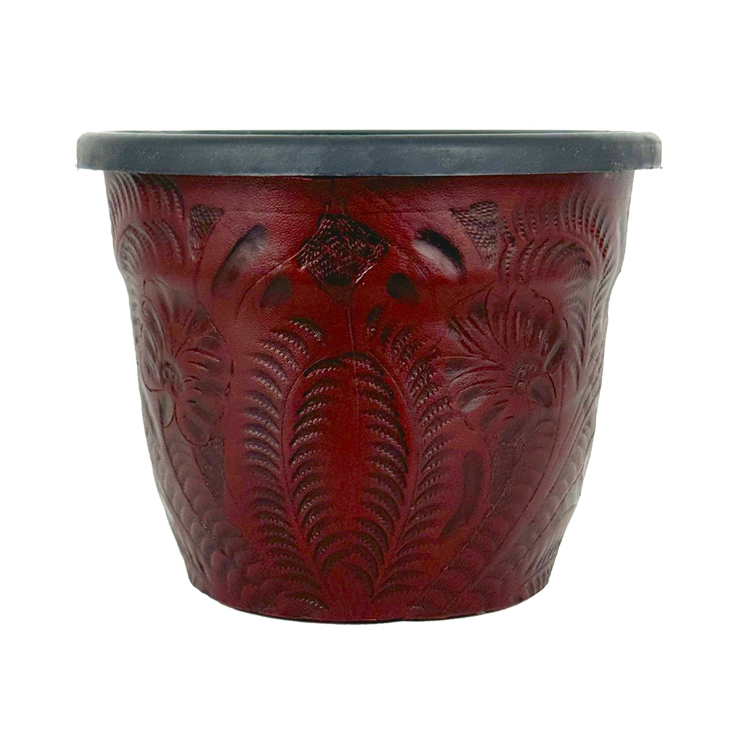 American West at Home 6.5" Round Planter with Tooled Leather - Medium