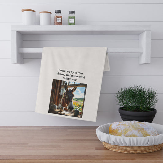 "Powered by coffee, caos and mule-level willpower" Show off your sass in style with this humorous Mule and Coffee loving towel. Gift for Home Chefs, Fun Mule Decor, Farmhouse Style, Kitchen Accessories