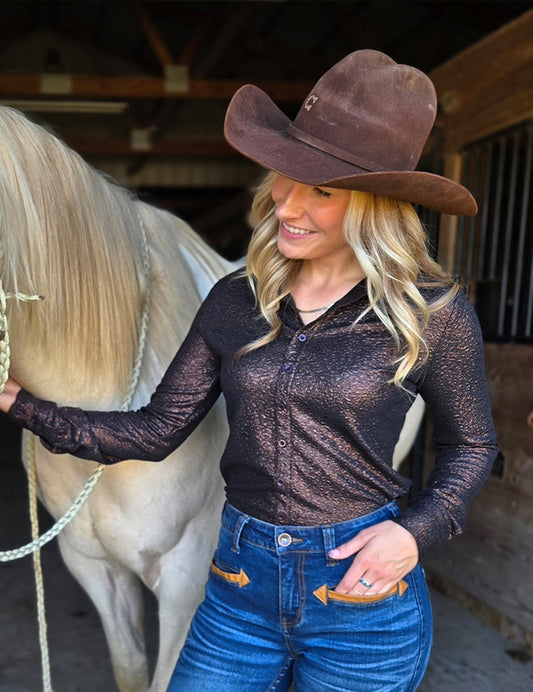 Pullover Button Up (Cocoa Brown Shimmer Medium Weight And Medium Stretch)