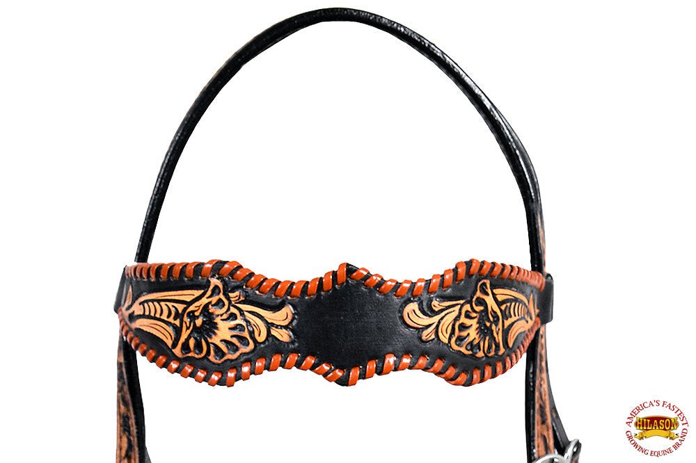 HILASON Western Horse Floral Fringes Headstall Breast Collar Set Genuine Leather Black