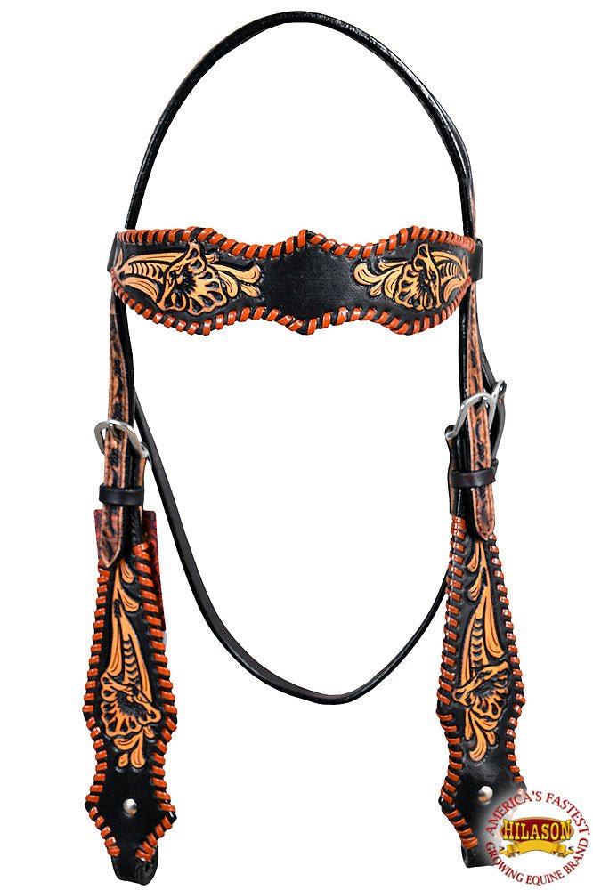 HILASON Western Horse Floral Fringes Headstall Breast Collar Set Genuine Leather Black