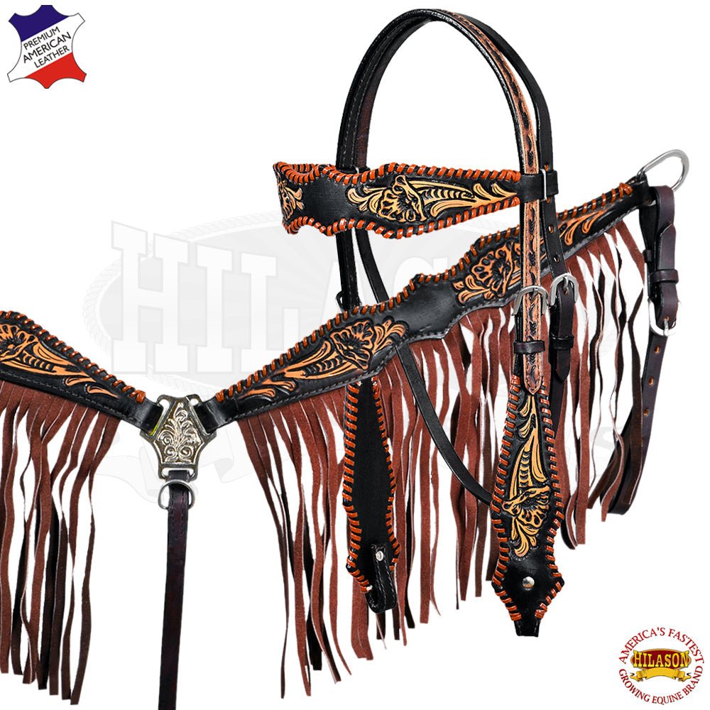 HILASON Western Horse Floral Fringes Headstall Breast Collar Set Genuine Leather Black