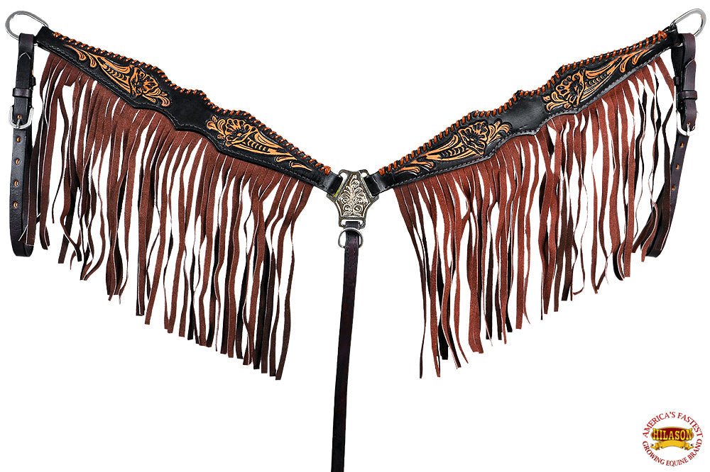HILASON Western Horse Floral Fringes Headstall Breast Collar Set Genuine Leather Black