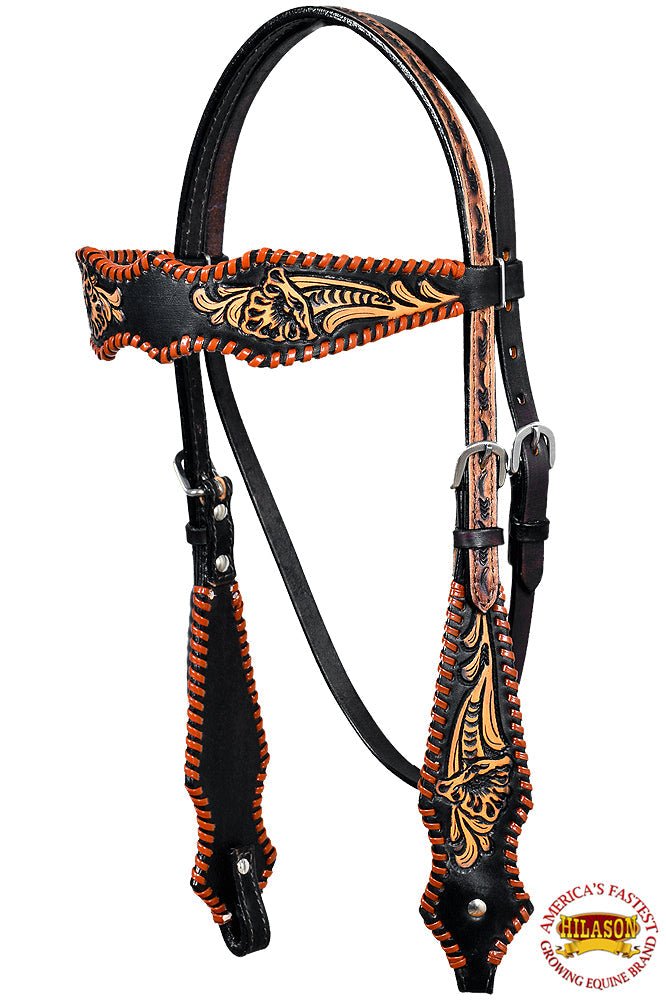 HILASON Western Horse Floral Fringes Headstall Breast Collar Set Genuine Leather Black
