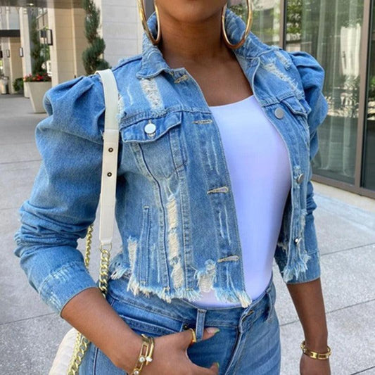 Chic Distressed Denim Puffy Sleeves Jacket – Fashionable Cropped Jean Jacket