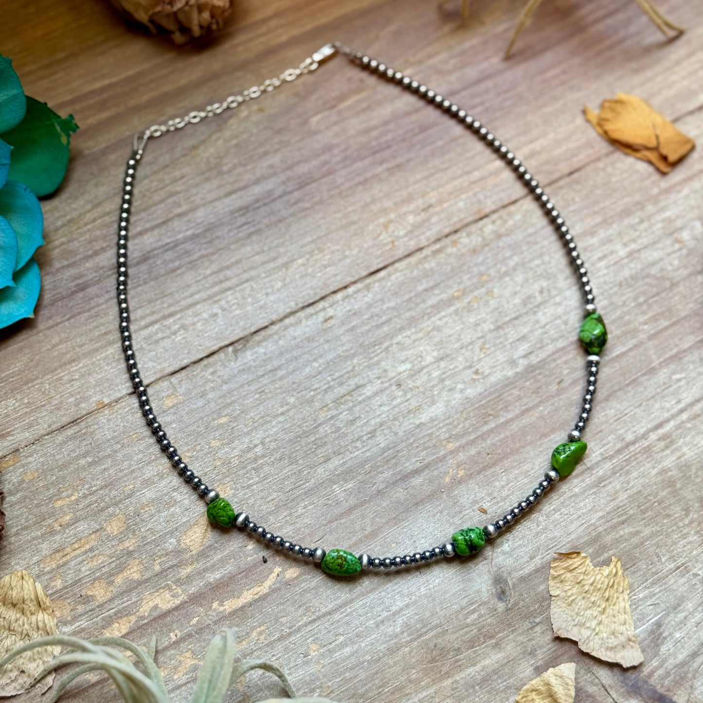 Green Nugget Turquoise & Sterling Silver Pearl Necklace