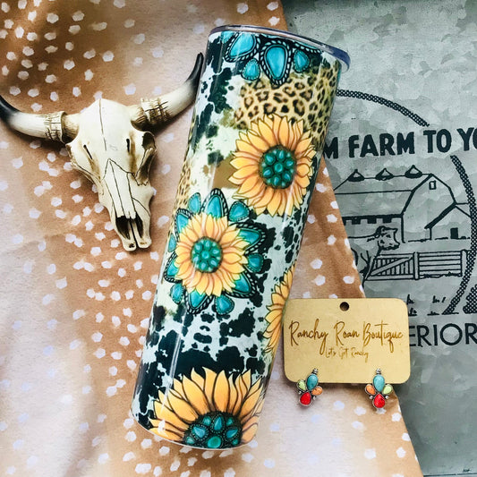 Sunflower Gemstone Cow print 20oz Skinny Tumbler