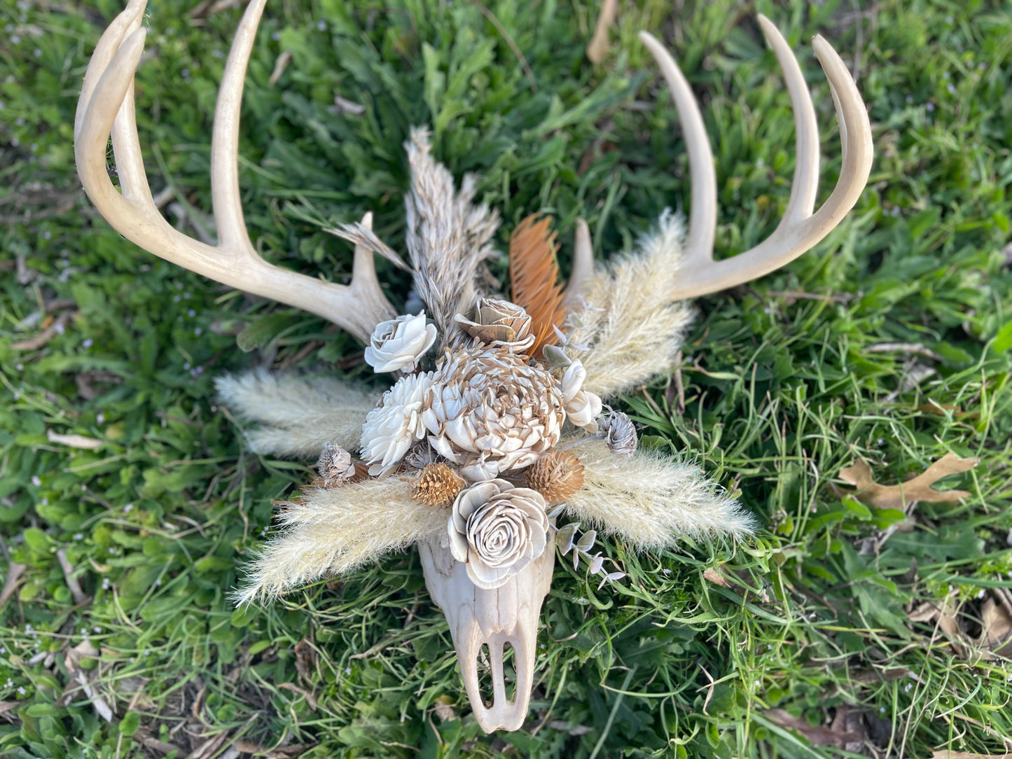 Floral Wood Buckhorn Skull