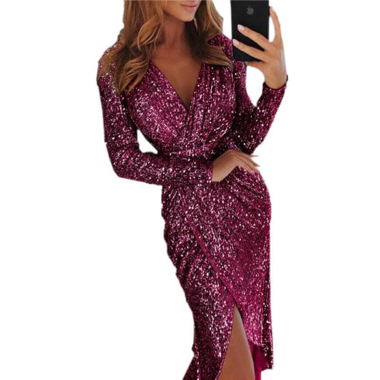 Long Sleeve V-Neck Sequin Dinner Dress | Sexy Chic Dress for Special Occasions