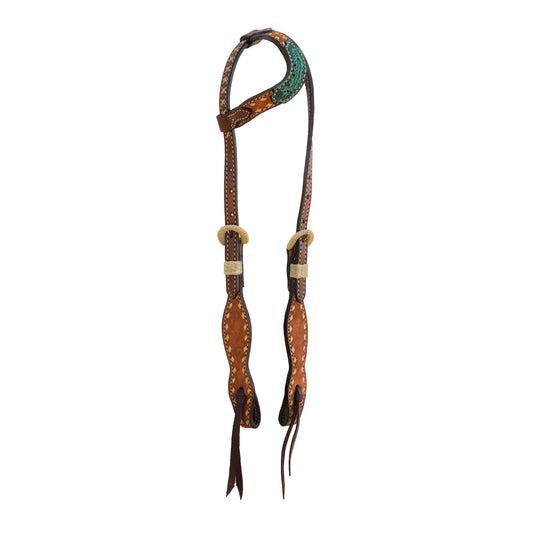 2074-AOT 5/8" Wave one ear headstall rough out chocolate leather with tooled patch, buckstitch, braided loops, and Spanish lace hardware