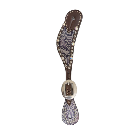 382-LILAC Ladies spur straps chocolate leather lilac overlay with crystals and spots