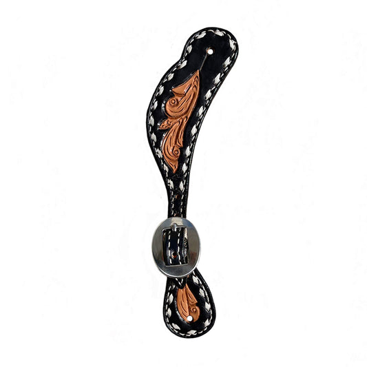 382-SUNRISE Ladies spur straps golden leather sunrise tooling black paint to the edge with buckstitch