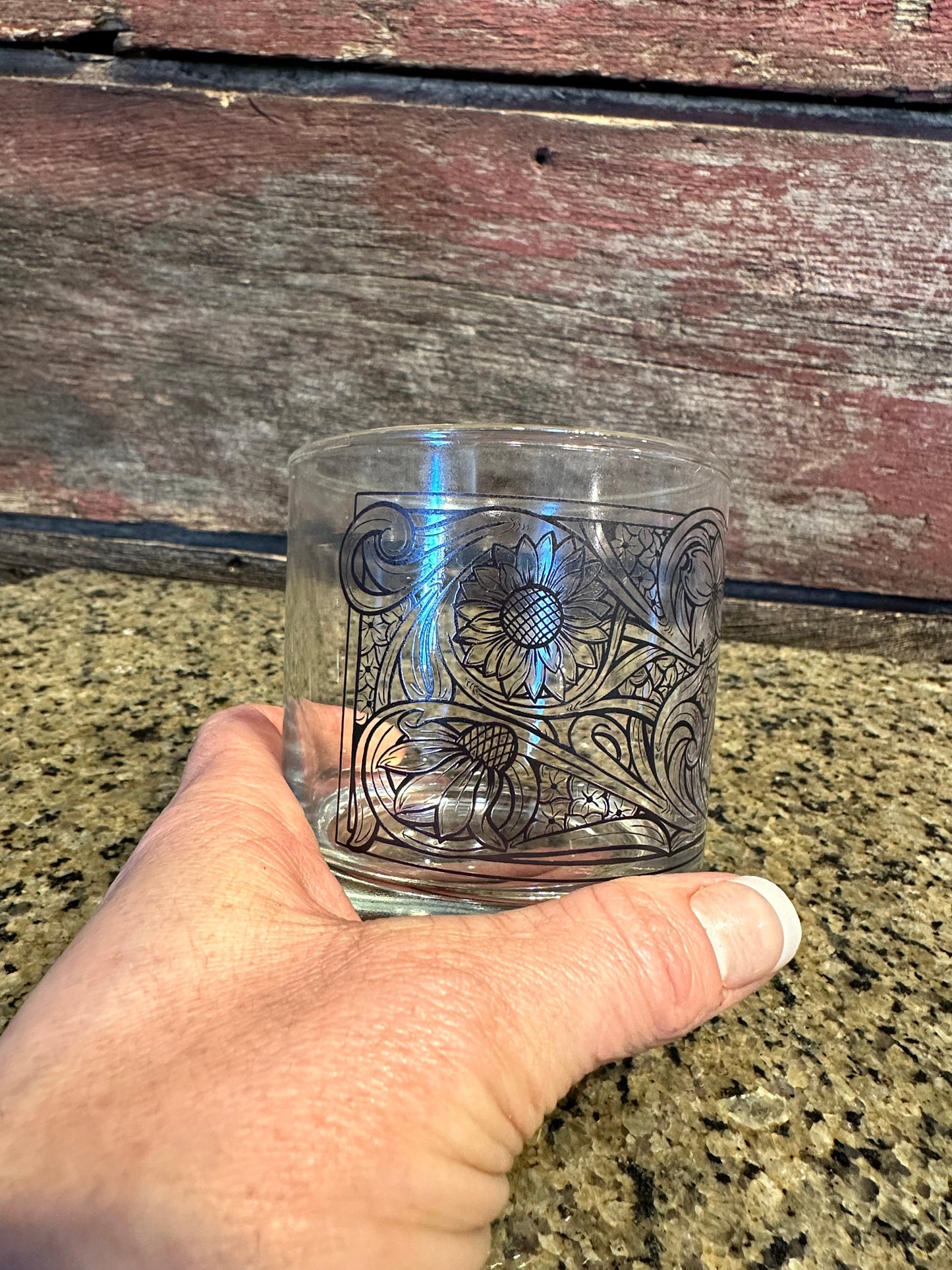 On the Rocks Glass floral tooled design