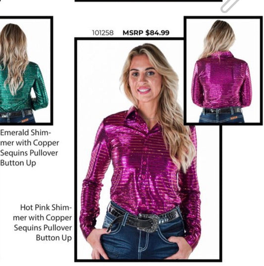 Cowgirl Tuff Hot Pink Shimmer with Copper Sequins pull-over and button up