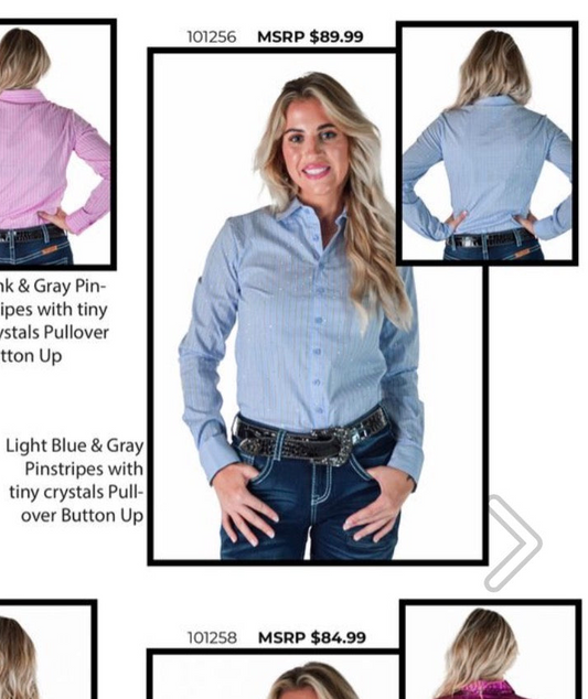 Cowgirl Tuff Light Blue & Grey pinstripe with tiny crystals pull-over and button up