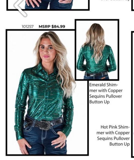 Cowgirl Tuff Emerald Shimmer with Copper Sequins pull-over and button up