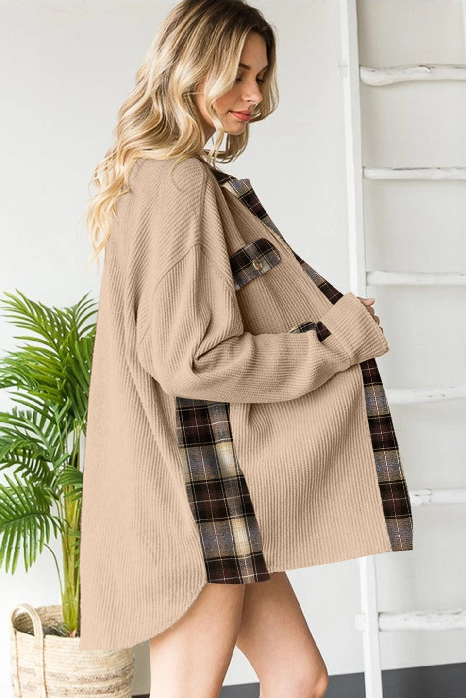 Plaid Patchwork Waffle Thermal Kit Shacket