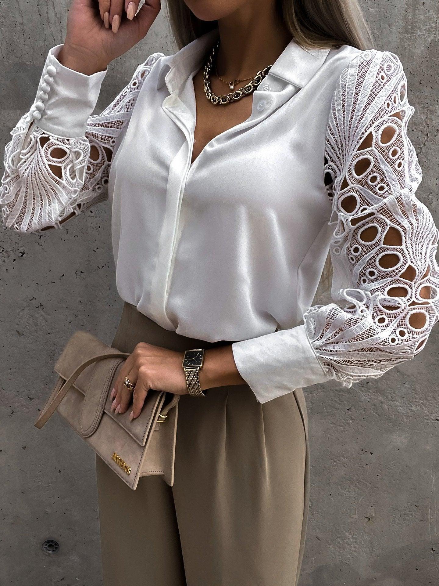 Luxe Lace Button-Up Top - Elegant Cotton Blouse with Lace Details