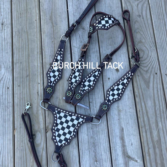 Made to order B&W checkered gladiator one ear western tack set Headstall breast collar (BHT046)