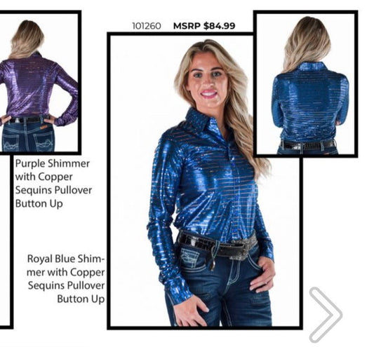 Cowgirl Tuff Blue Shimmer with Copper Sequins pull-over and button up