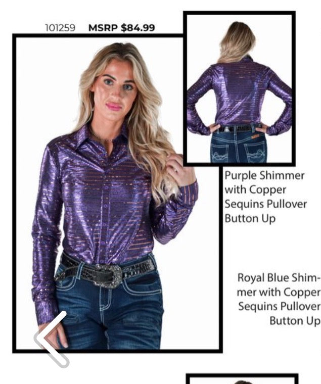 Cowgirl Tuff Purple Shimmer with Copper Sequins pull-over and button up
