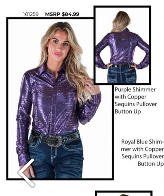 Cowgirl Tuff Purple Shimmer with Copper Sequins pull-over and button up