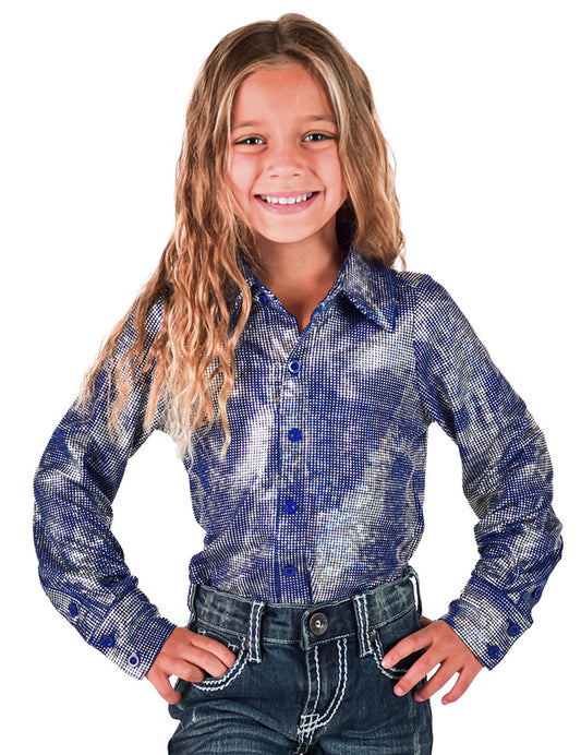 Girls Royal Blue & Silver Iridescent Stretch Lightweight Pullover Button Up