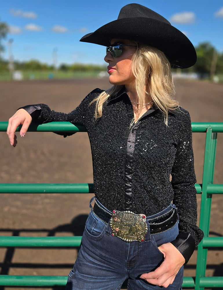 Cowgirl Tuff Company Black Sequin Swirls On Black Jersey Pullover Button Up With Black Satin Collar