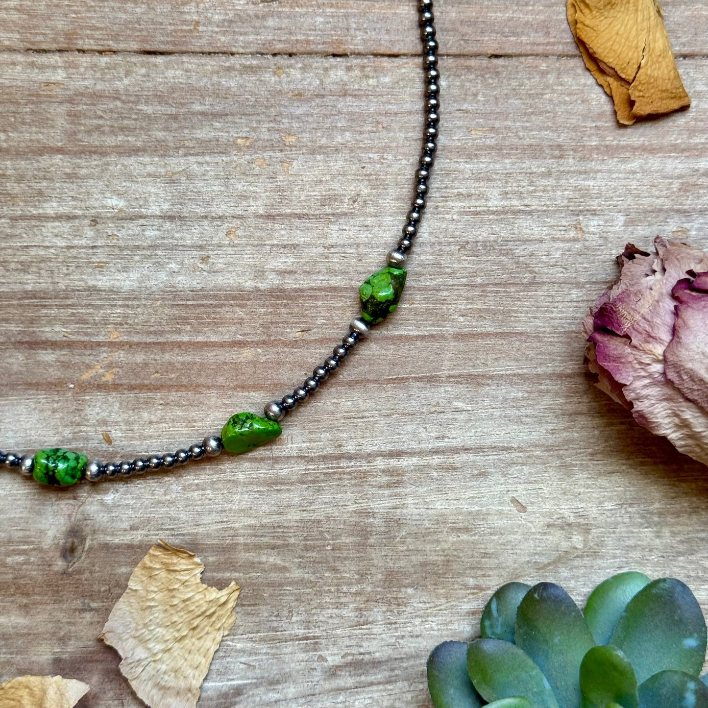 Green Nugget Turquoise & Sterling Silver Pearl Necklace