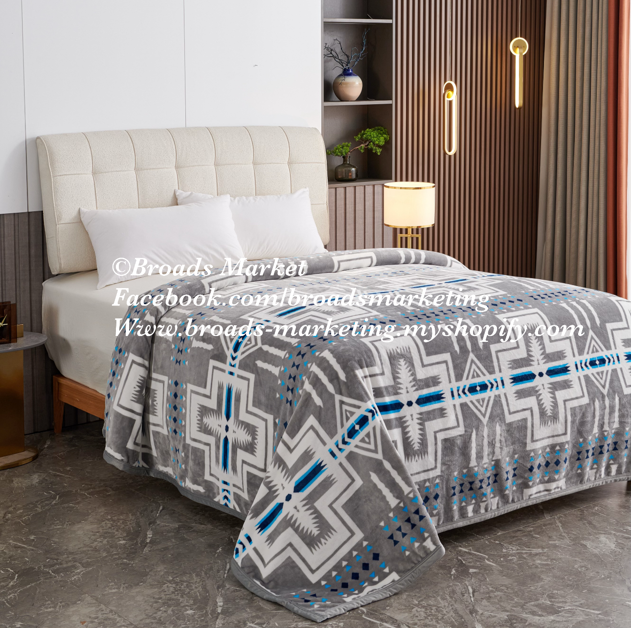 Nisa Blue & Grey Crosses Super Plush Blanket