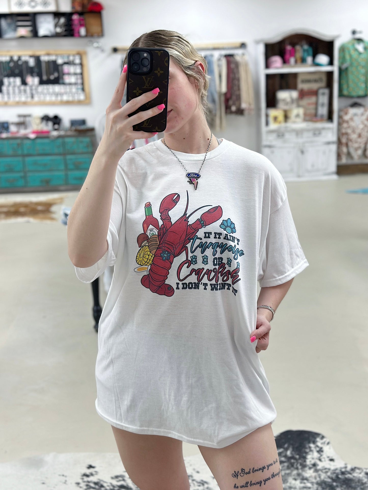 Turquoise and Crawfish TEE or CREWNECK