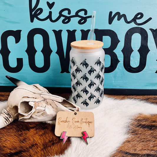 Rodeo Bronc Bucking Frosted Glass 16 oz Western Tumbler