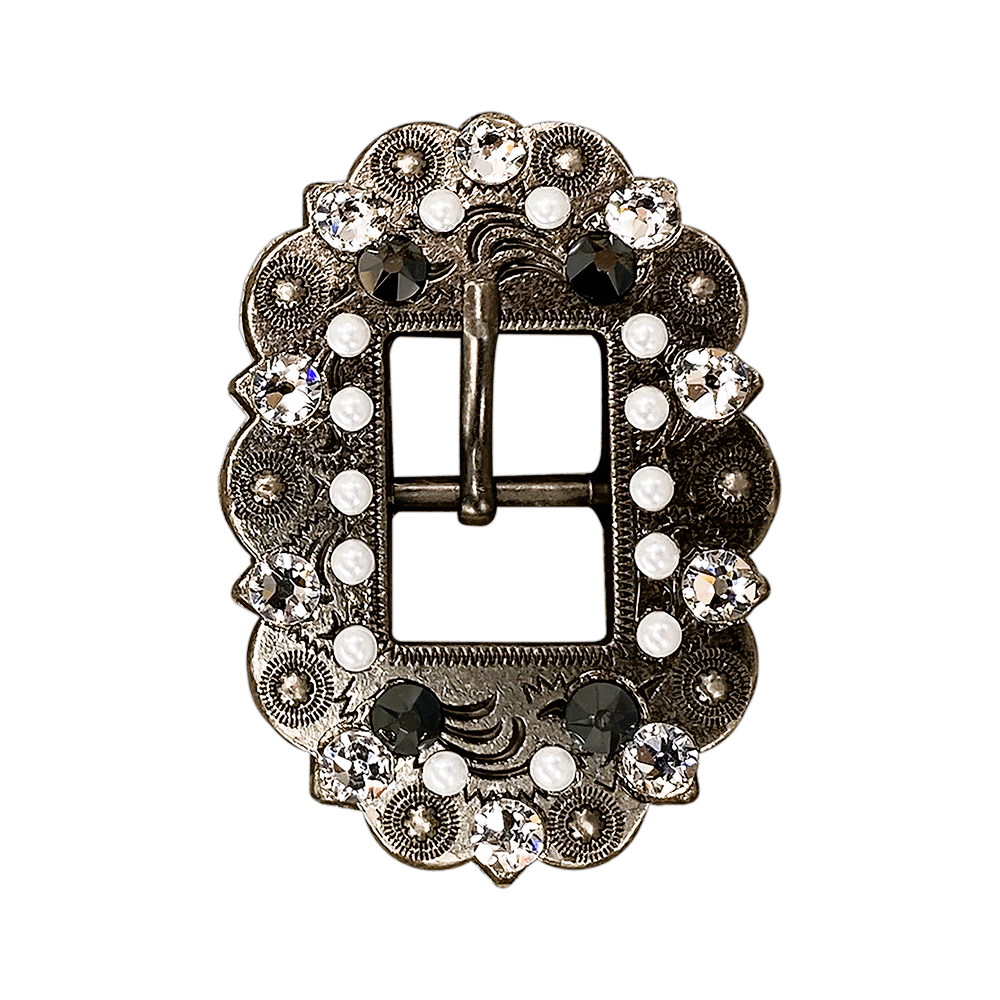 Jet, Pearl & Clear Antique Silver European Crystal Cart Buckle