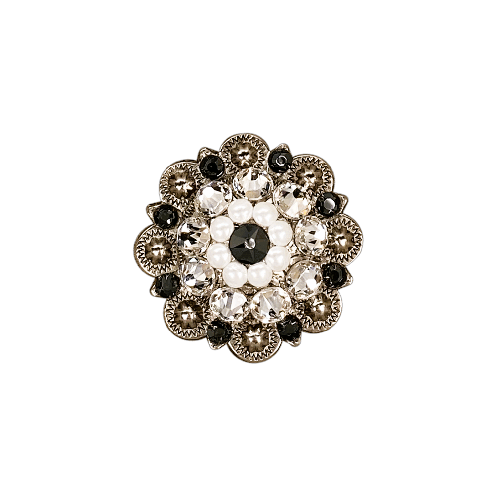 Jet, Pearl & Clear Antique Silver 1.5" European Crystal Concho