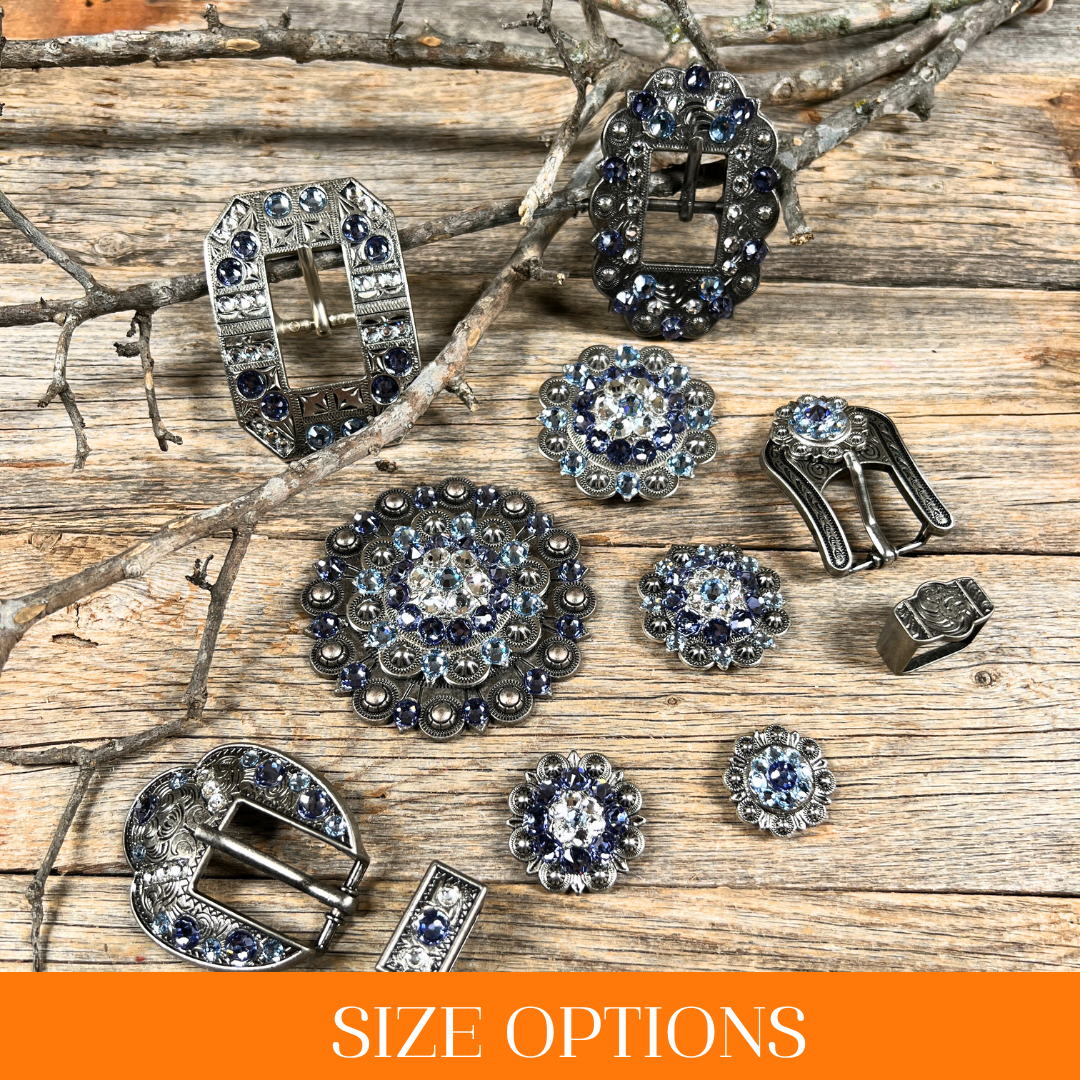 Antique Silver Light Sapphire, Clear, and Lilac Crystal Conchos - Sizes from 1"- 3" and Buckles