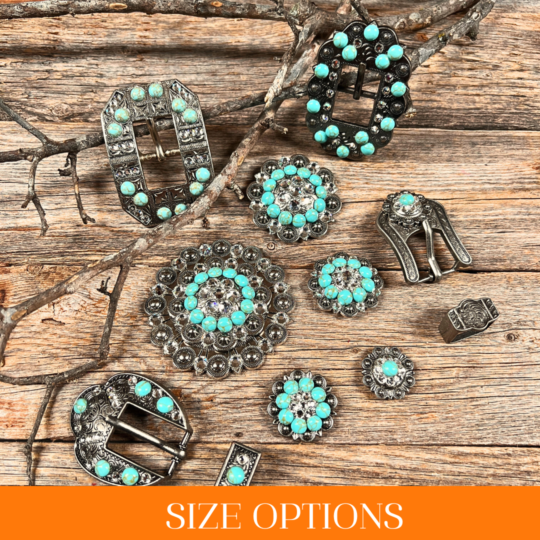 Antique Silver Turquoise, Clear Crystal Conchos - Sizes from 1"- 3" and Buckles