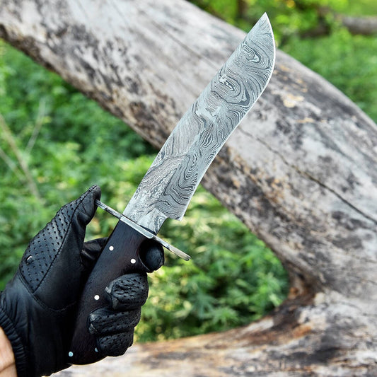 Custom Handmade 13" American-Made Damascus Steel Bowie Knife with Rosewood Handle and Leather Sheath