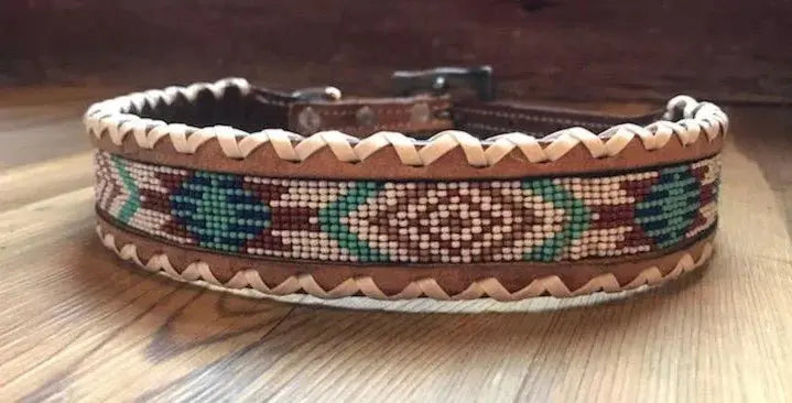 Genuine leather dog collar with teal, white, and burgundy southwest beaded inlay design and Rawhide edge