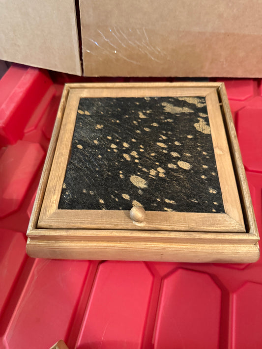 Punchy Red Mare Cowhide n leather 7.5”wooden jewelry box * Black n Gold cowhide