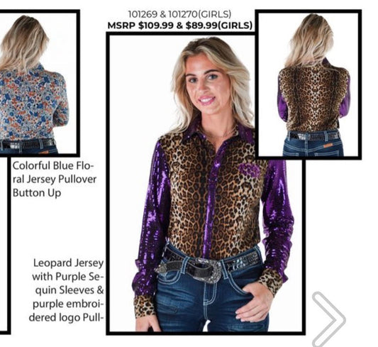 Cowgirl Tuff Cowgirl Tuff Leopard Jersey with Purple Sequin Sleeves with Purple Embroidered Logo pull-over and button up