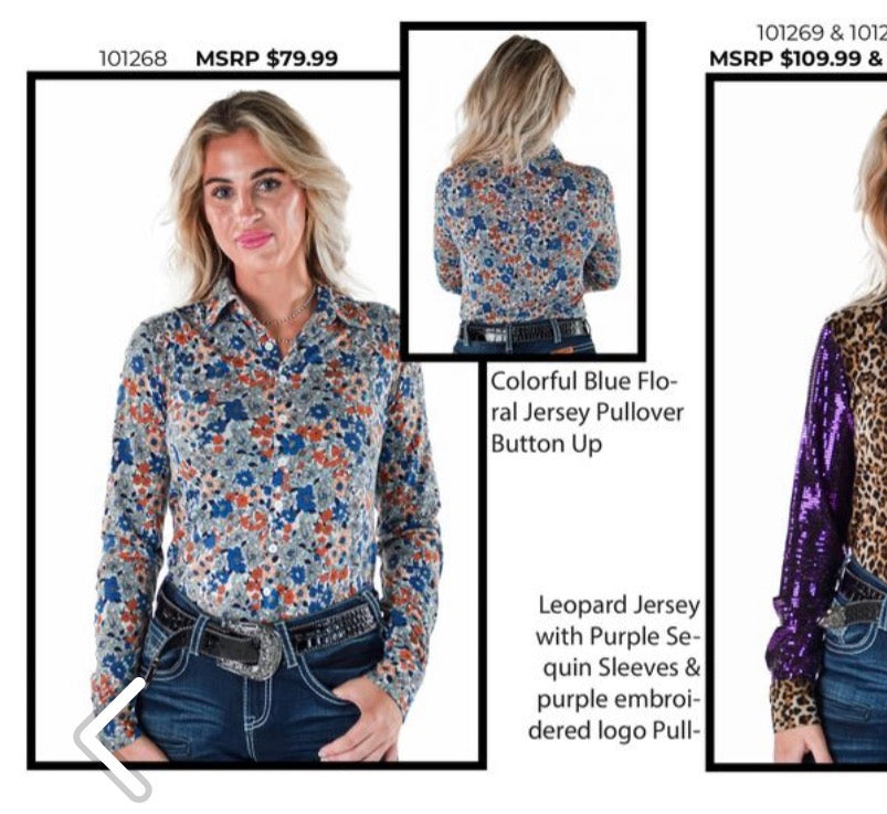 Cowgirl Tuff Cowgirl Tuff Colorful  Blue Flower Jersey pull-over and button up