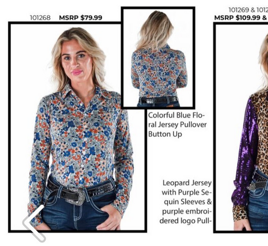 Cowgirl Tuff Cowgirl Tuff Colorful  Blue Flower Jersey pull-over and button up
