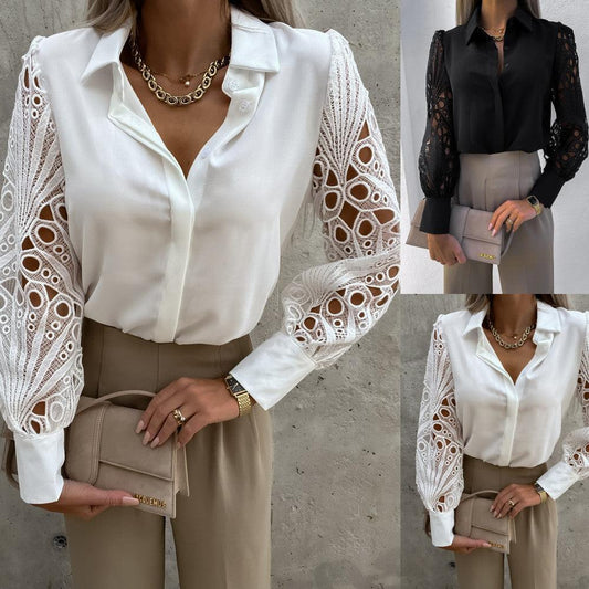 Luxe Lace Button-Up Top - Elegant Cotton Blouse with Lace Details