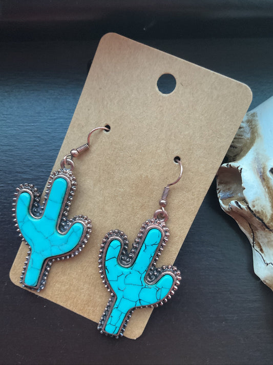 Turquoise And Bronze Cactus Dangle Earrings