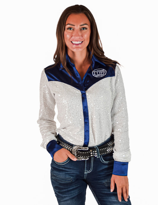 Pullover Button Up (White Sequins With Sapphire Satin Medium Weight Medium Stretch)