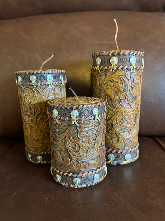 Set of 3 Tooled Leather Candles