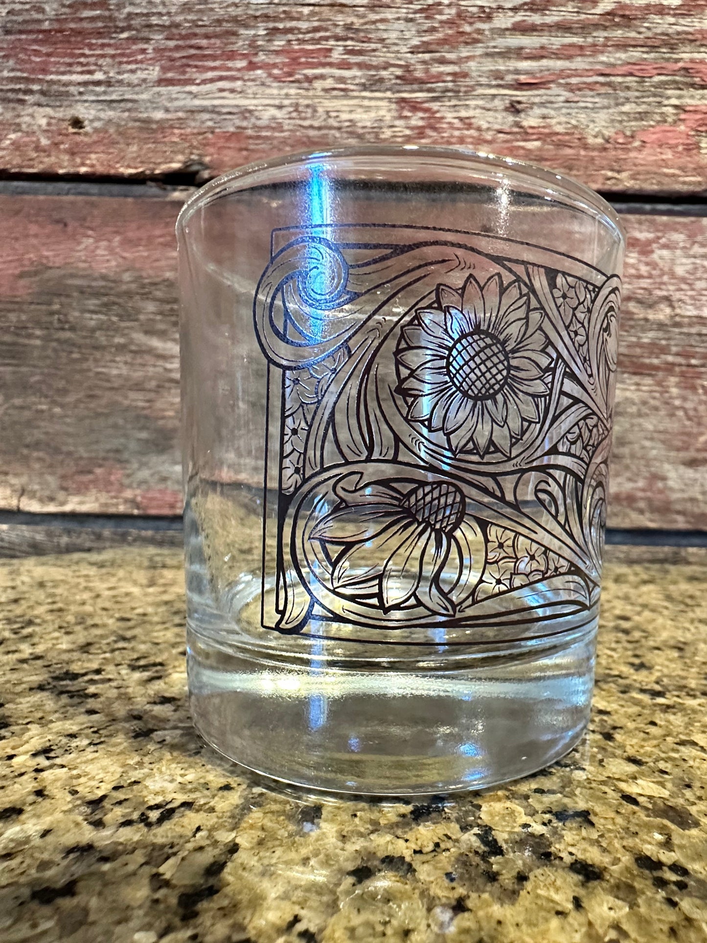 On the Rocks Glass floral tooled design