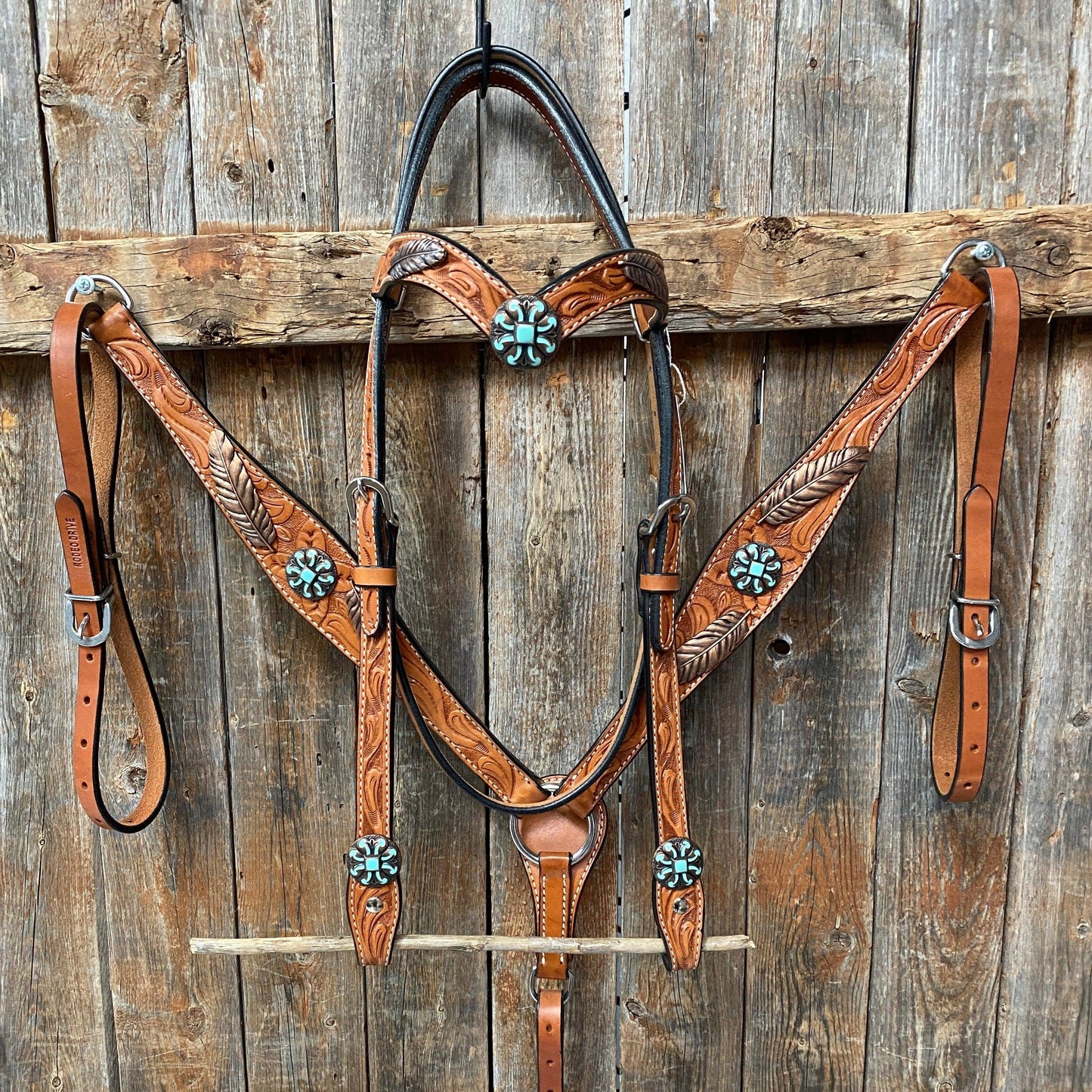 Light Oil V Brow Turquoise and Copper Browband & Breastcollar Tack Set #BBBC443