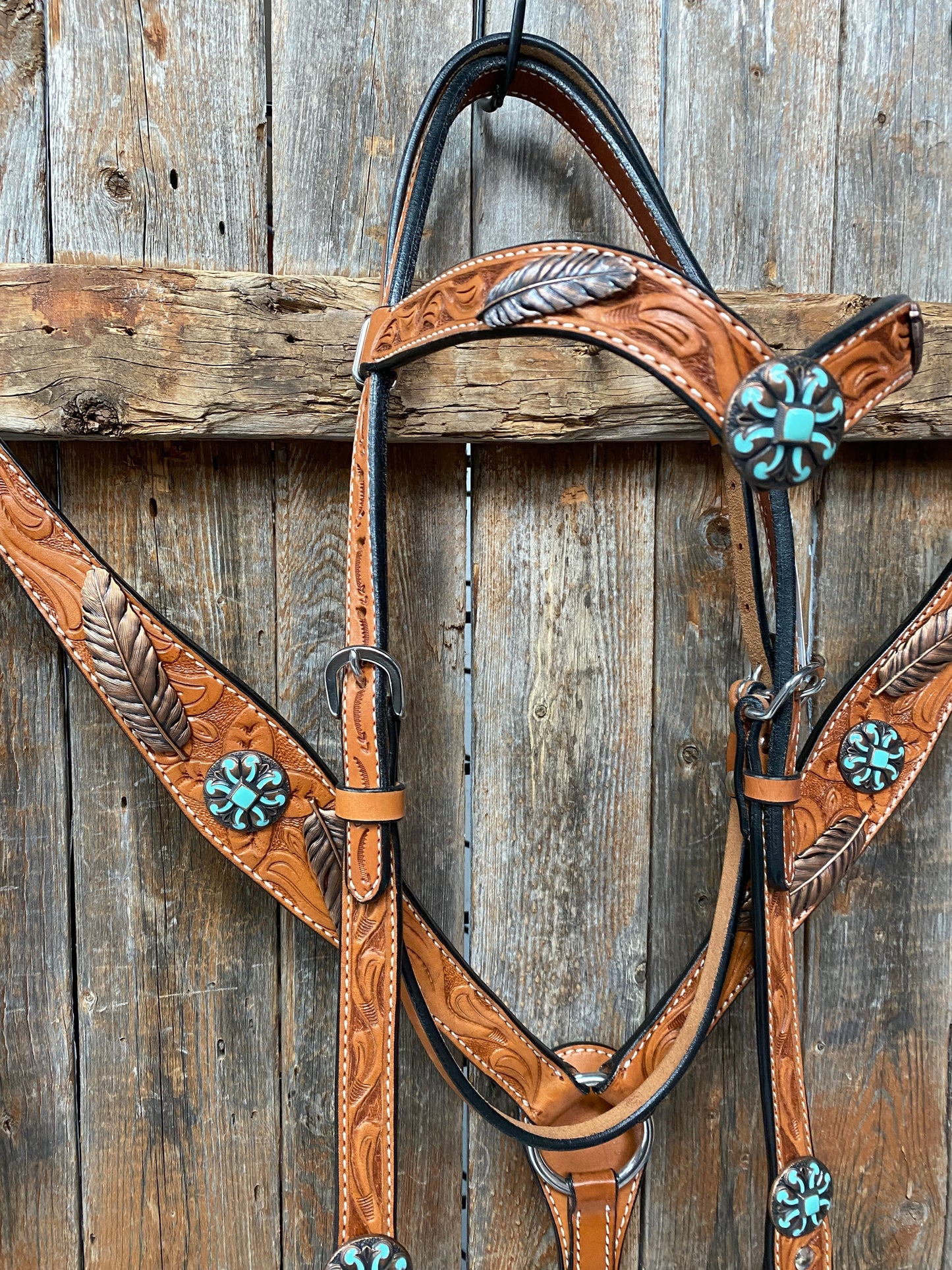 Light Oil V Brow Turquoise and Copper Browband & Breastcollar Tack Set #BBBC443