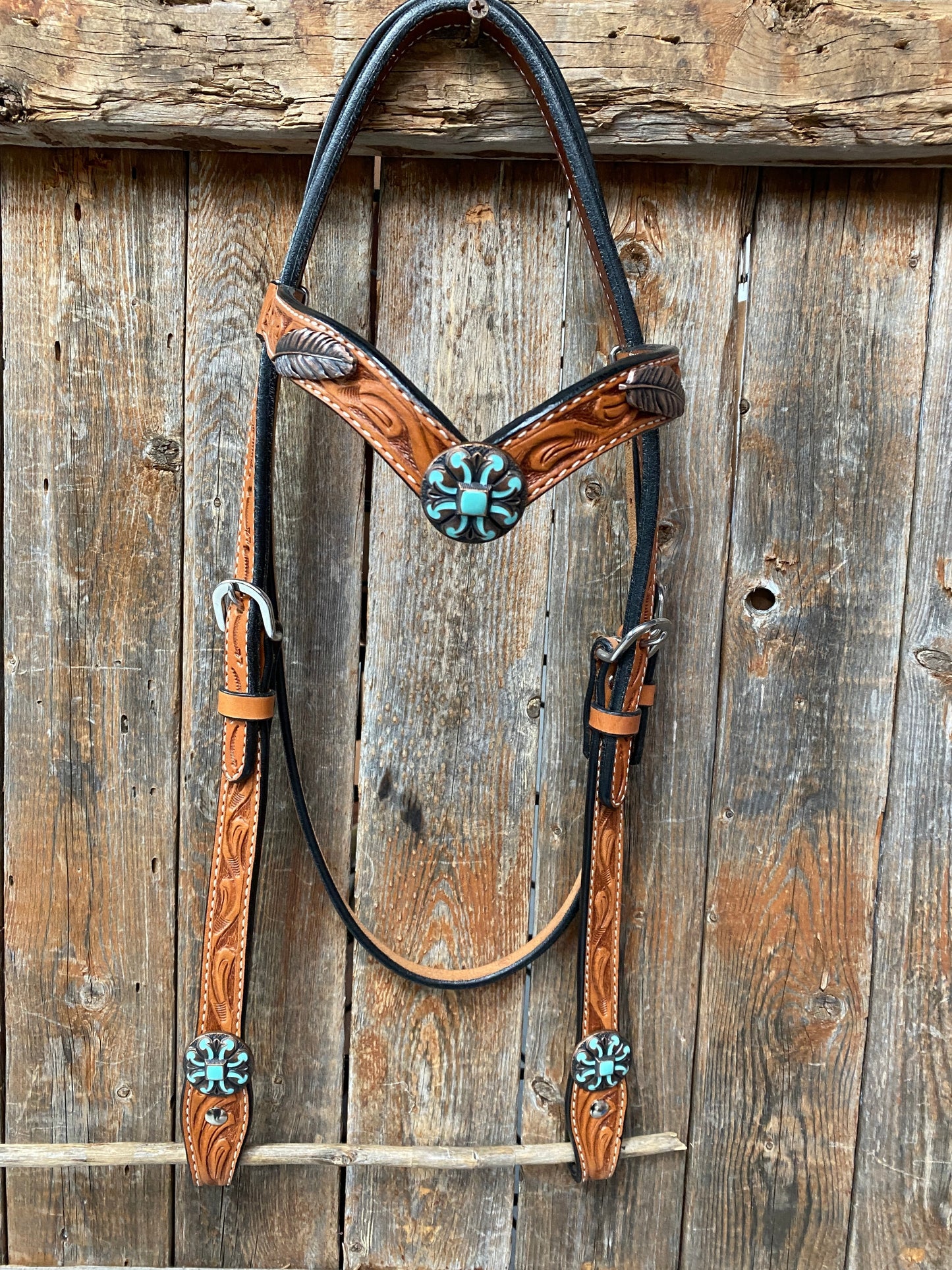 Light Oil V Brow Turquoise and Copper Browband & Breastcollar Tack Set #BBBC443
